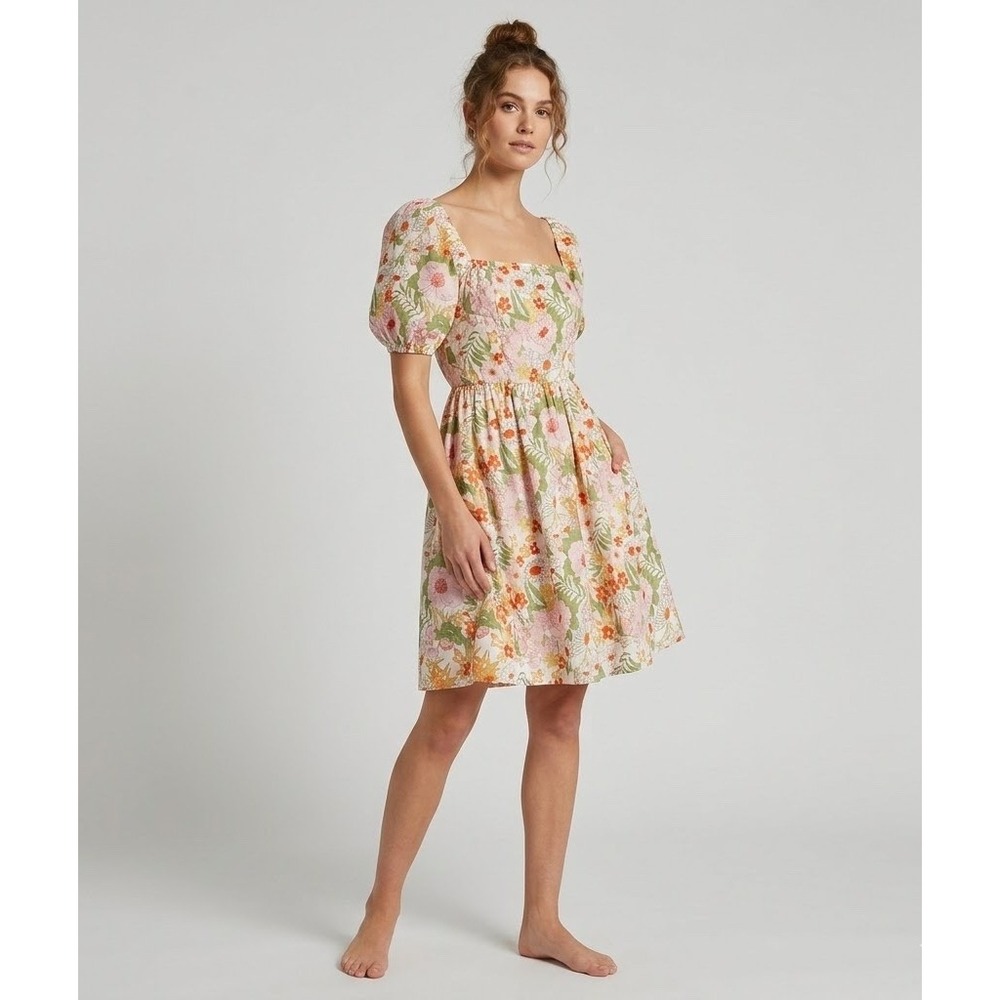 EUC Miss Sparkling Floral Open Back Mini Dress Puff Sleeve Square Neck Boho